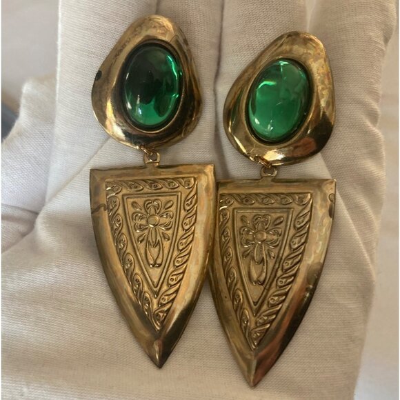 Vintage 80s Pierced Gold Tone Dangle Earrings Green Cabochon 3" Statement - Picture 5 of 7
